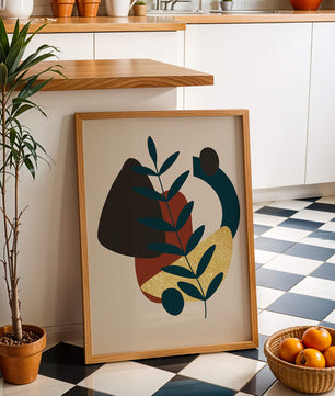 Abstract Botanical Composition with Geometric Shapes and Gold Accent - Mi tienda
