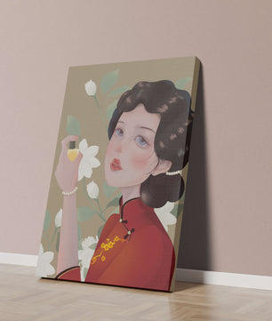 Captivating portrait of a woman in traditional attire with floral backdrop