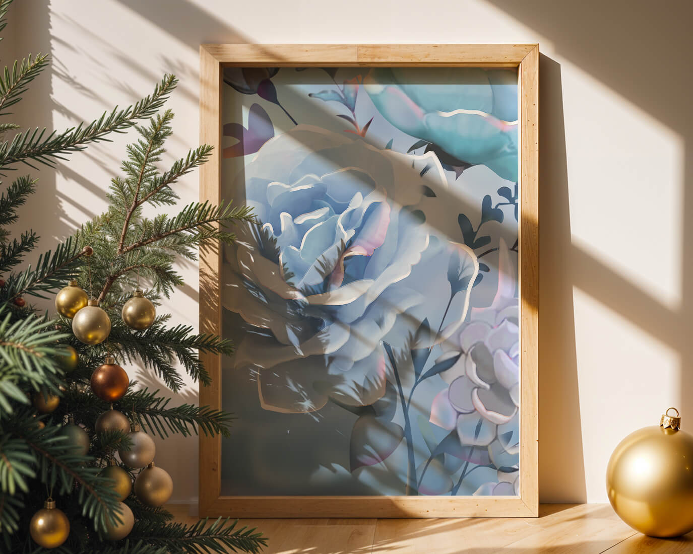 Rosas azules serenas con hojas delicadas sobre fondo suave