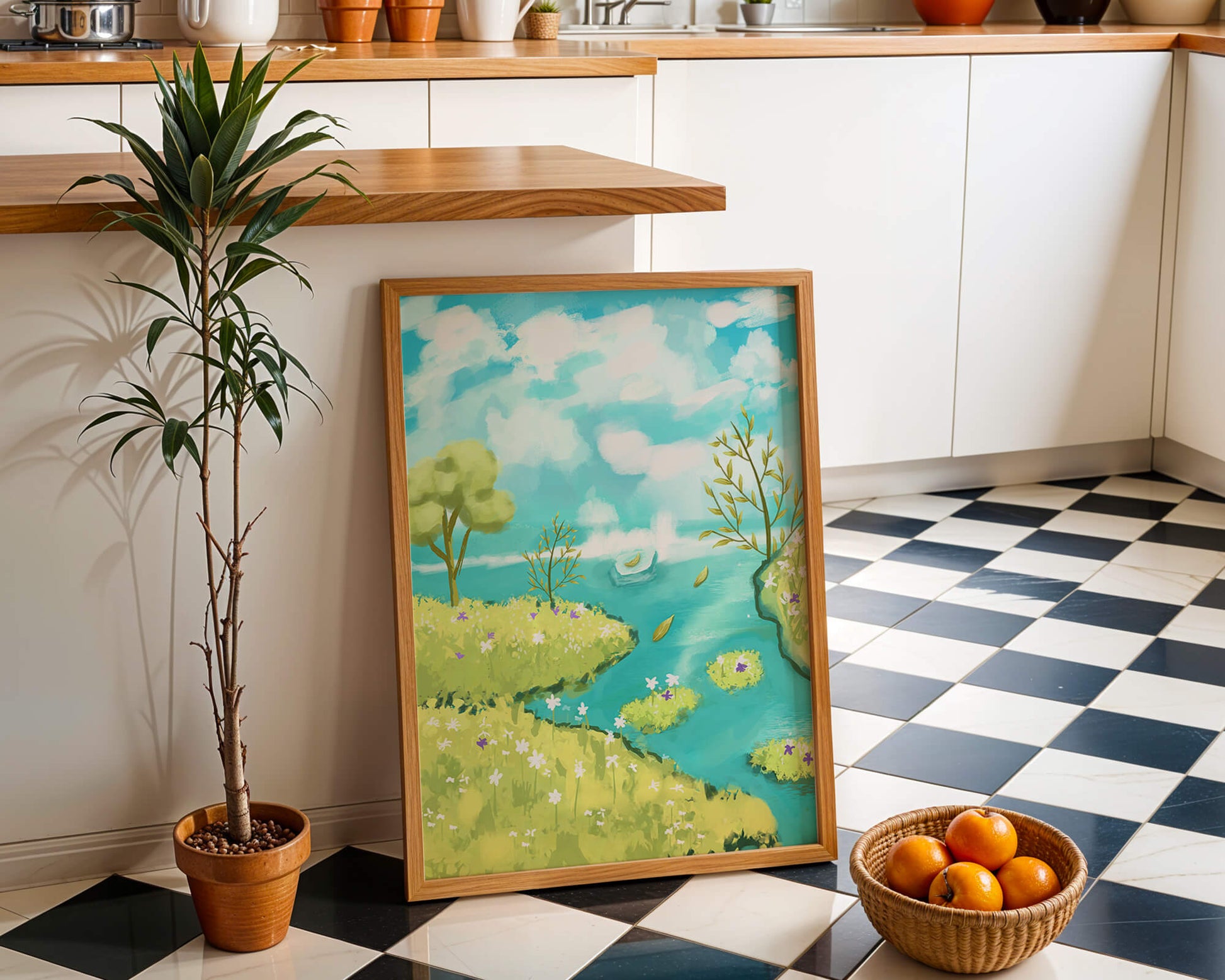 Idyllische Landschaft mit blühendem Wiesengebiet und ruhigem Fluss
