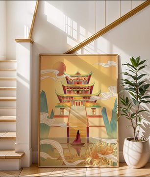 Ancient temple with serene landscape and vibrant colors artwork