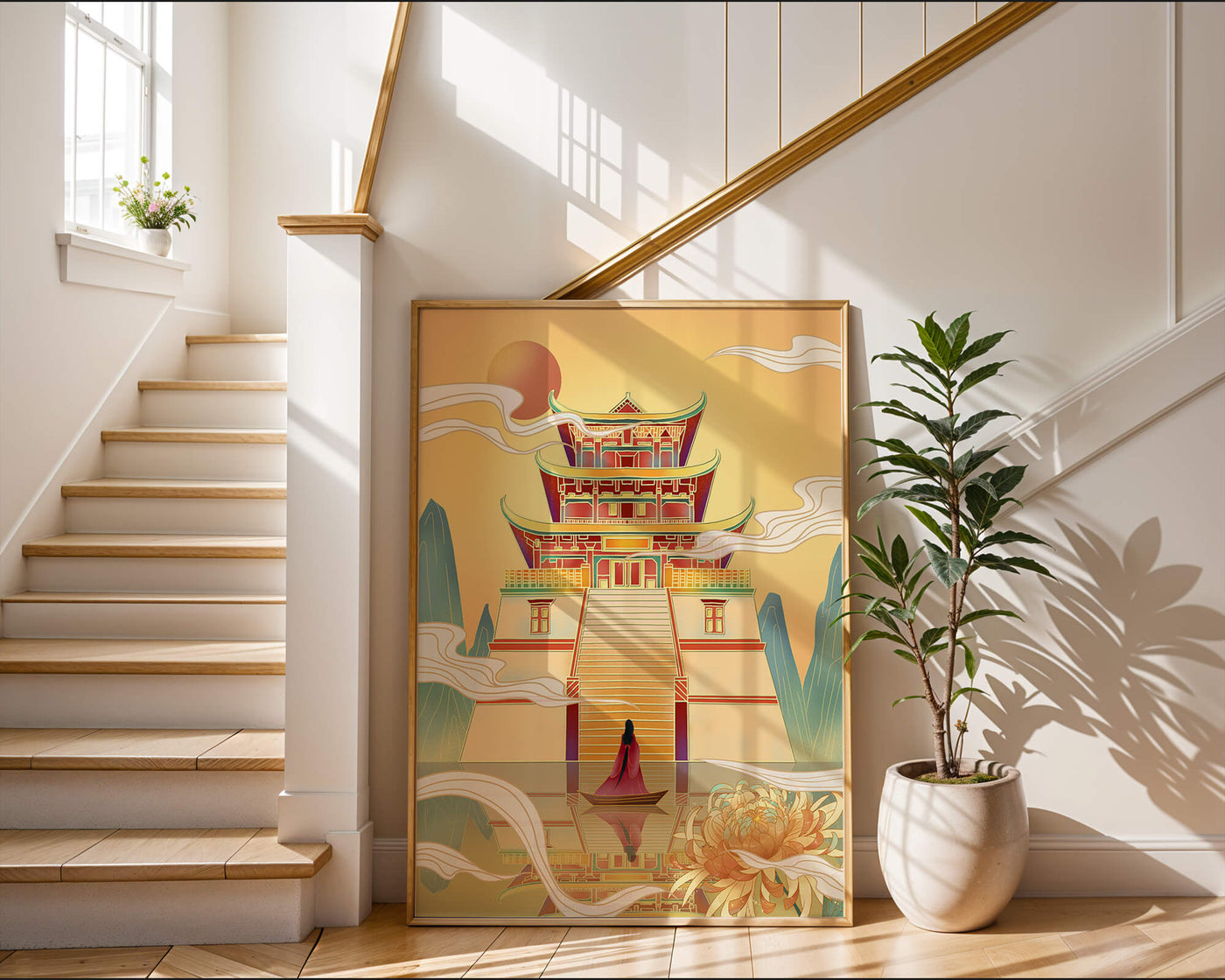 Ancient temple with serene landscape and vibrant colors artwork