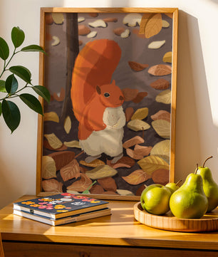 Ilustración de una ardilla adorable entre hojas de otoño