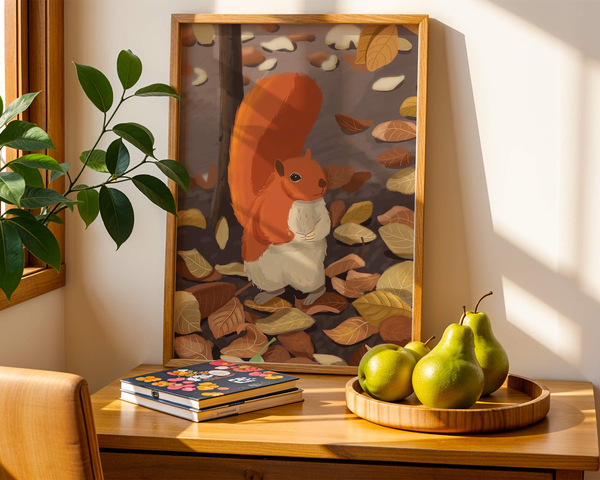 Illustration of a cute squirrel among autumn leaves