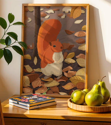 Illustration of a cute squirrel among autumn leaves