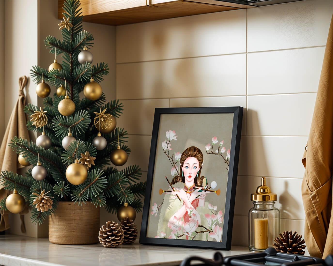 Elegant woman with makeup tools amidst blooming magnolia branches