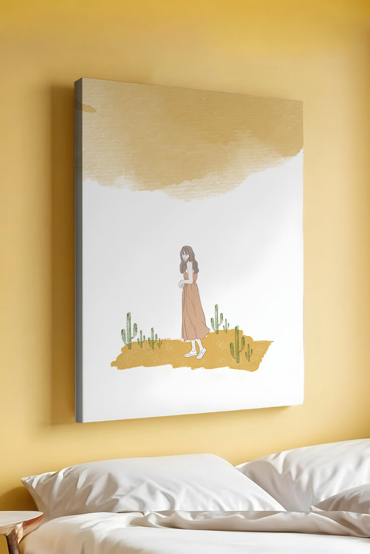 Fille en robe rose debout parmi des cactus sous un ciel aquarelle