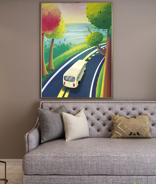 Scenic Road Trip with Vibrant Trees and Sunset