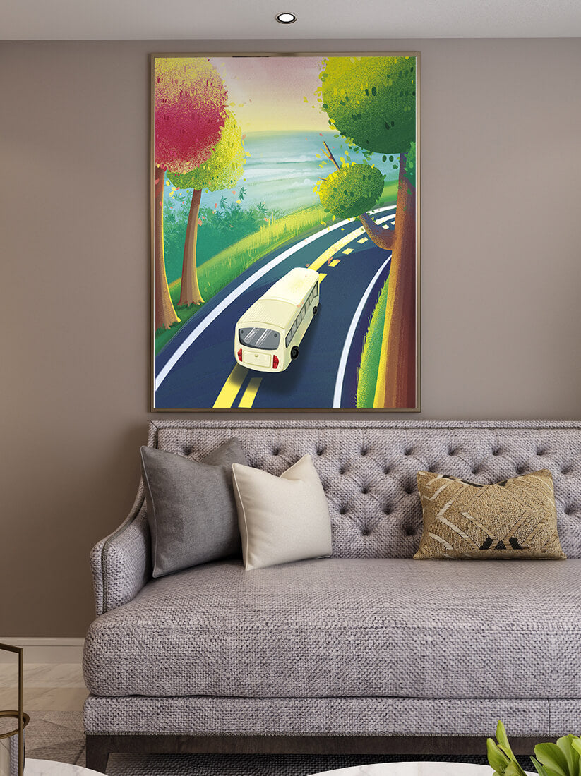 Scenic Road Trip with Vibrant Trees and Sunset