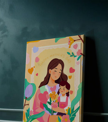 Illustration of mother and daughter with flowers for Mother's Day