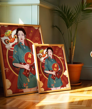 Elegant woman in traditional attire with lion dance mask in vibrant background