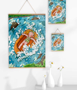 Adventurous raft ride down a vibrant cartoon river with character