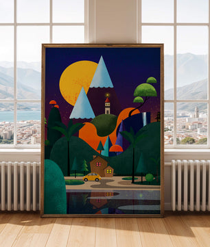 Paisaje moderno colorido con elementos geométricos y una casa junto al lago bajo el cielo nocturno