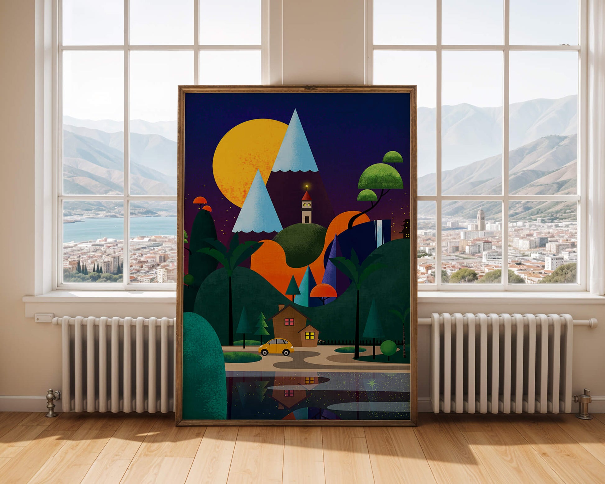 Colorful Modern Landscape with Geometric Elements and A House by The Lake Under The Night Sky