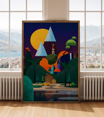 Colorful Modern Landscape with Geometric Elements and A House by The Lake Under The Night Sky