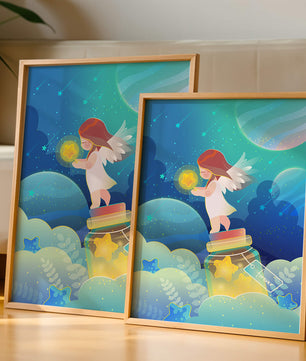 Enchanting angel collecting stars in a dreamy night sky