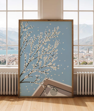 Blooming Branches Against a Clear Sky with Geometric Shapes
