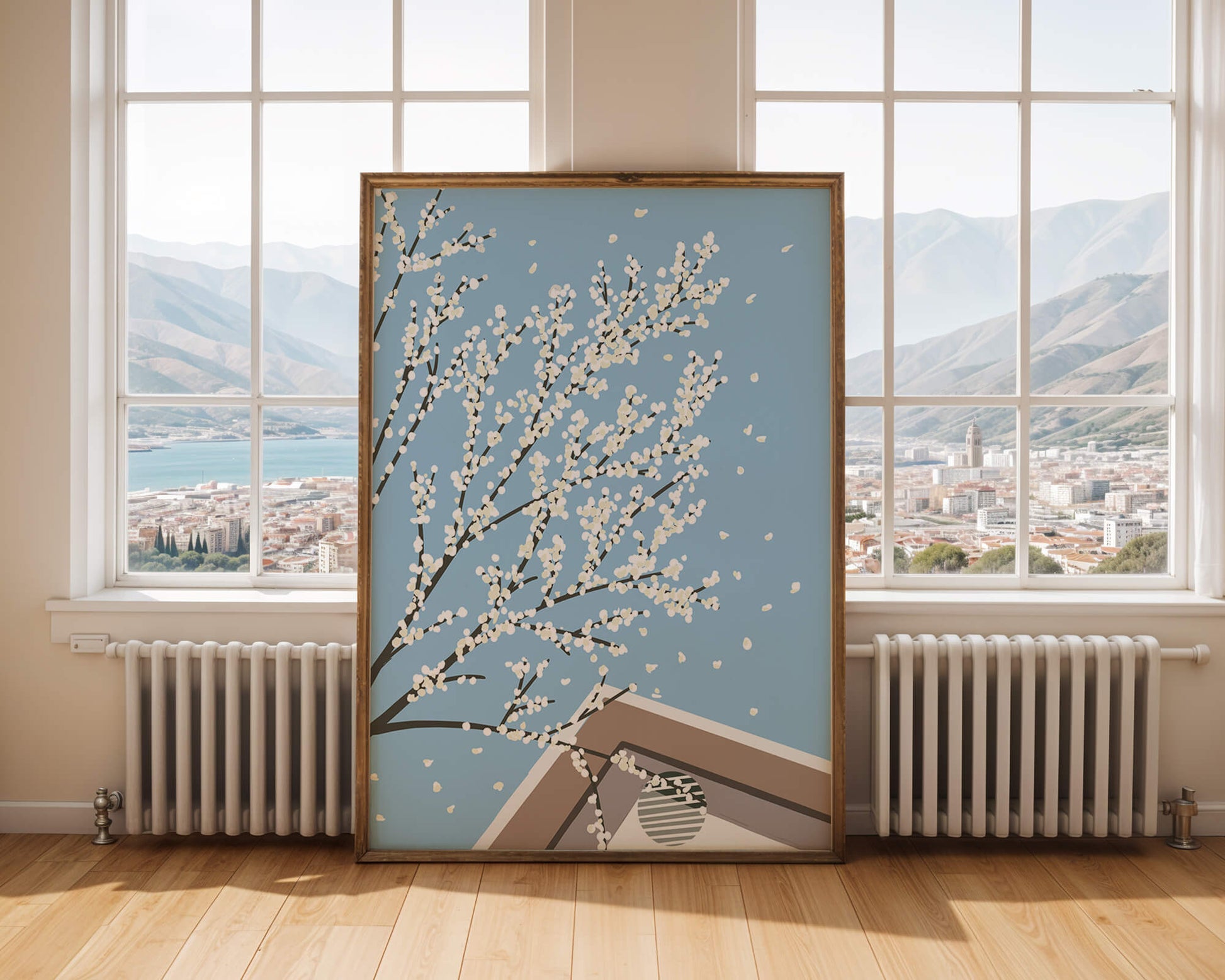 Blooming Branches Against a Clear Sky with Geometric Shapes