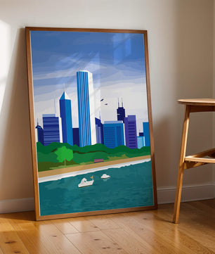 Paisaje urbano moderno con skyline y frente al agua en un estilo vibrante