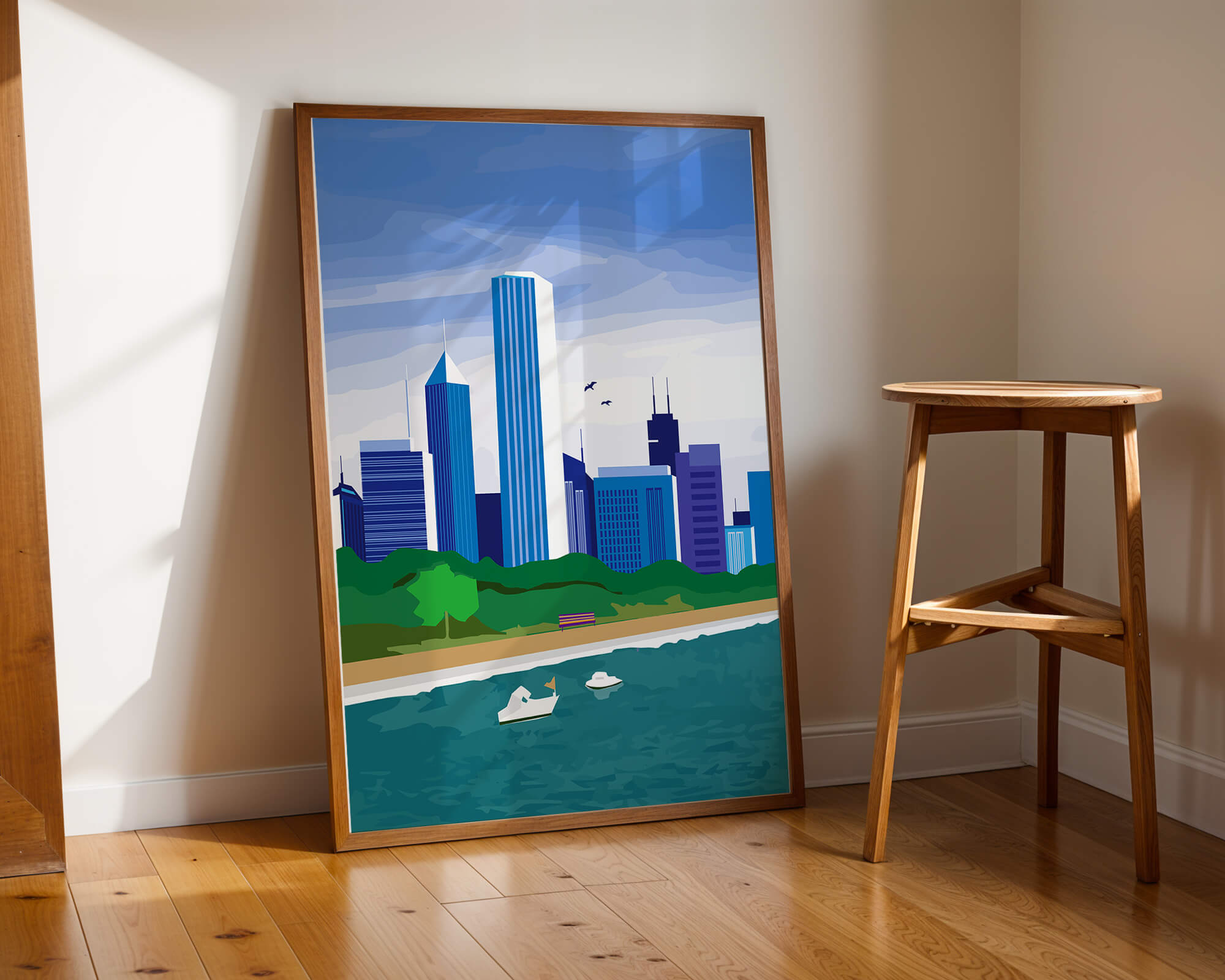 Modern cityscape with skyline and waterfront in a vibrant style