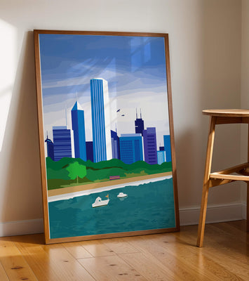 Modern cityscape with skyline and waterfront in a vibrant style