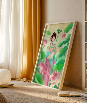 Traditional Asian woman in a garden surrounded by lotus flowers and green leaves