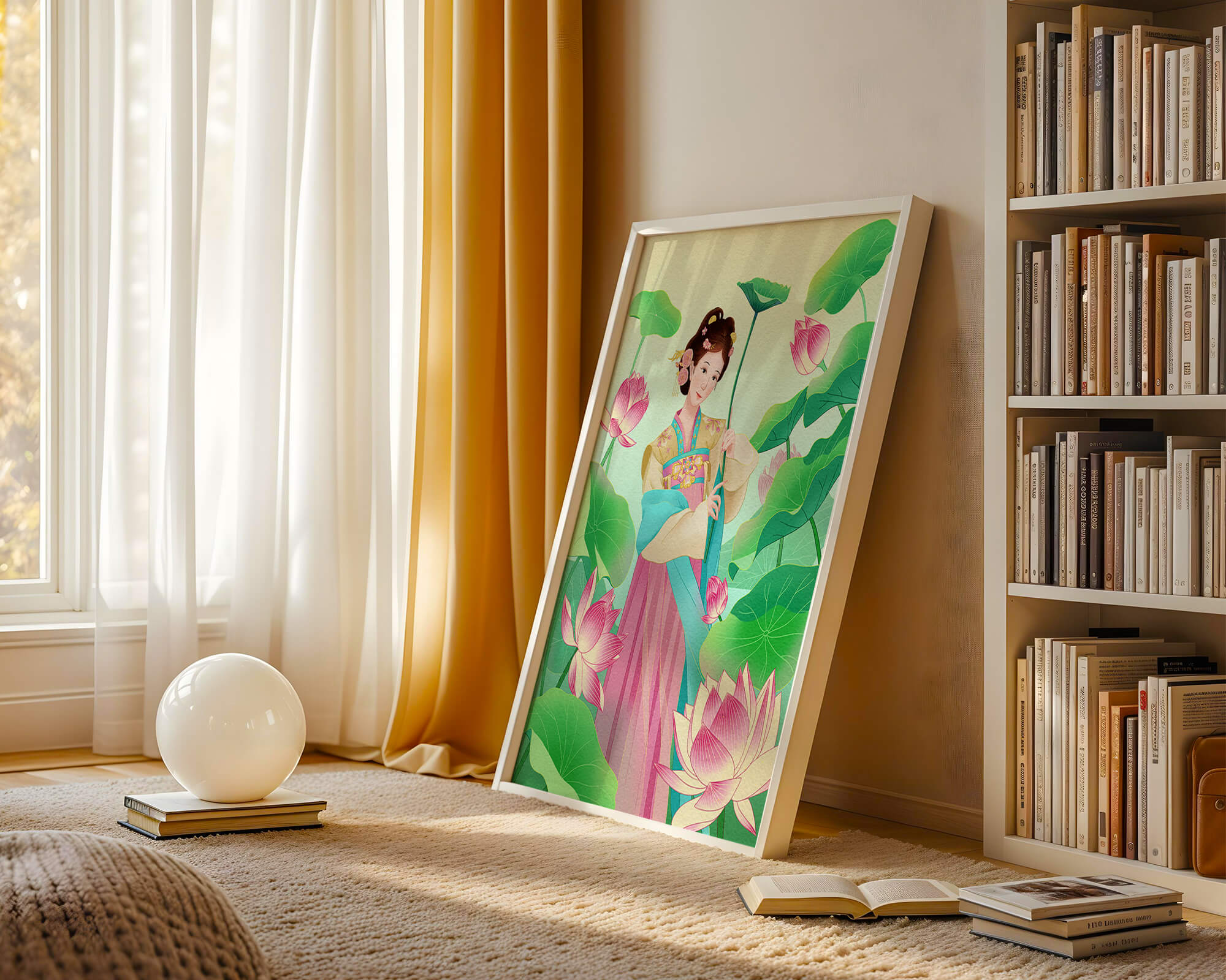 Traditional Asian woman in a garden surrounded by lotus flowers and green leaves