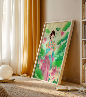 Traditional Asian woman in a garden surrounded by lotus flowers and green leaves