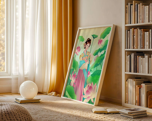 Traditional Asian woman in a garden surrounded by lotus flowers and green leaves