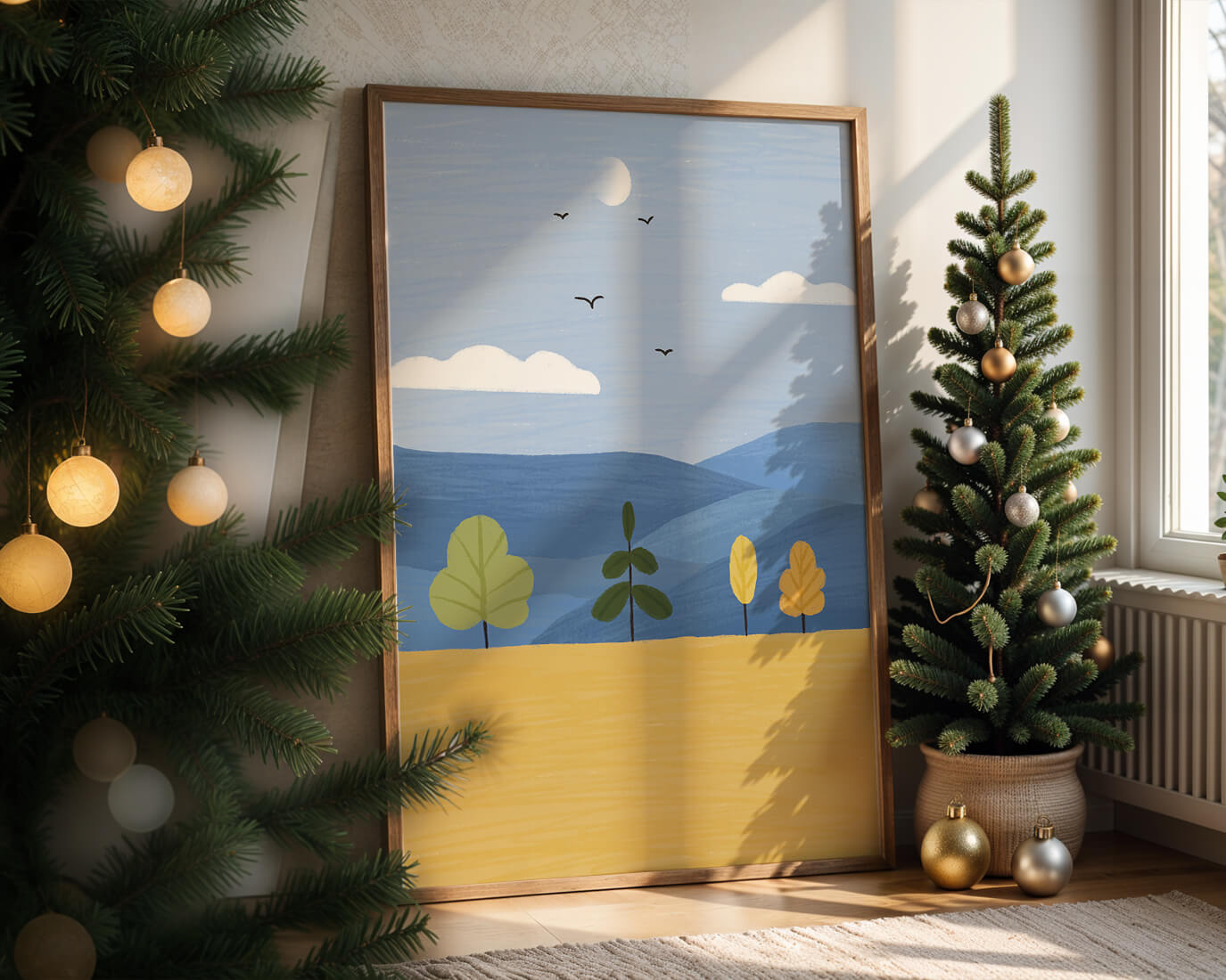 Paisaje colorido con árboles y aves en un campo sereno