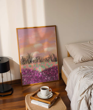 Paisaje sereno con campo floral vibrante y cielo pastel