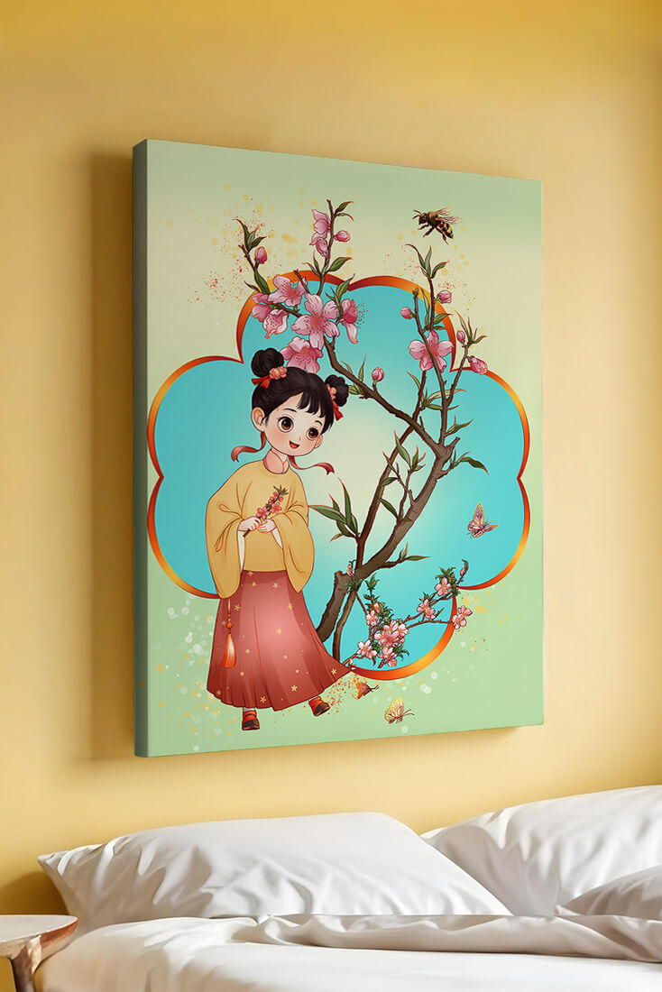 Illustration of a girl with cherry blossoms and butterflies