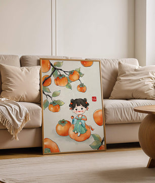 Illustration of a girl sitting on a persimmon surrounded by fruit and leaves