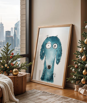 Illustration fantaisiste d’un chien bleu aux traits expressifs