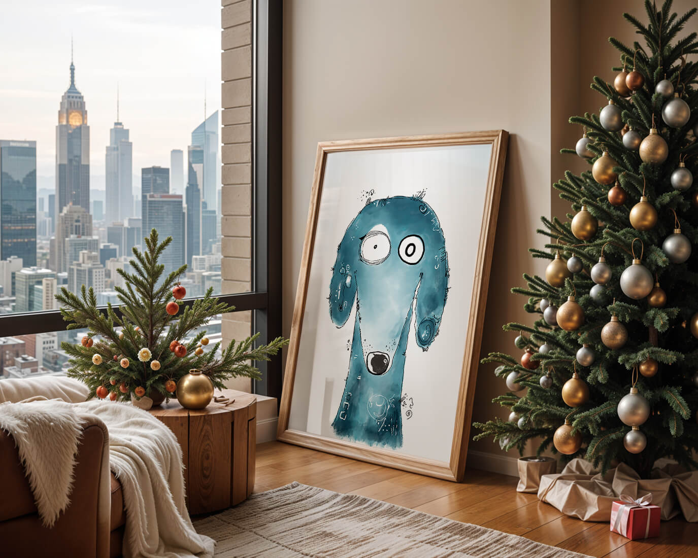 Whimsical blue dog illustration with expressive features