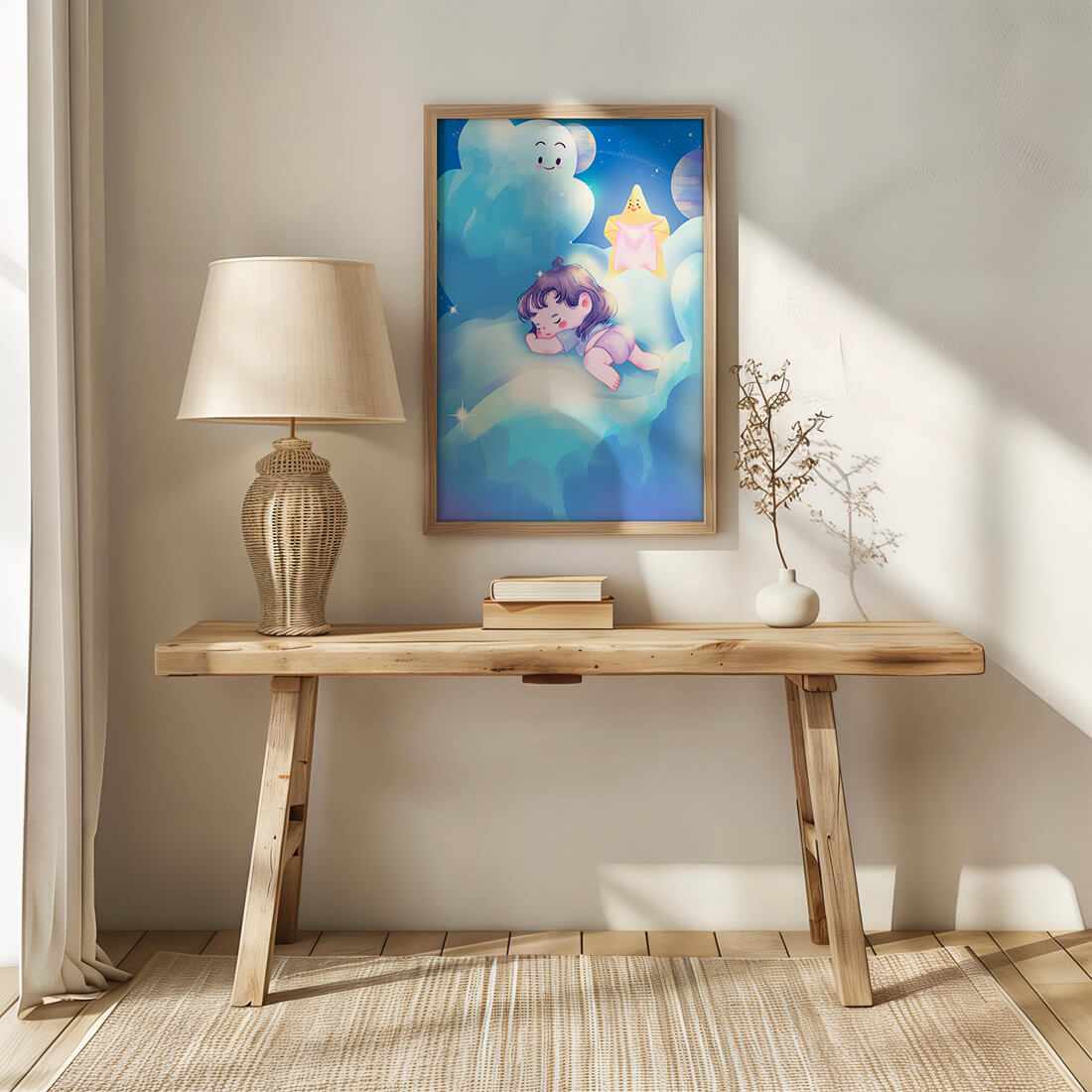 Dreamy illustration of sleeping child on clouds with smiling cloud and star
