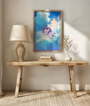 Dreamy illustration of sleeping child on clouds with smiling cloud and star