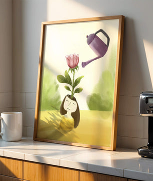 Ilustración de una chica con una flor creciendo de su cabeza siendo regada