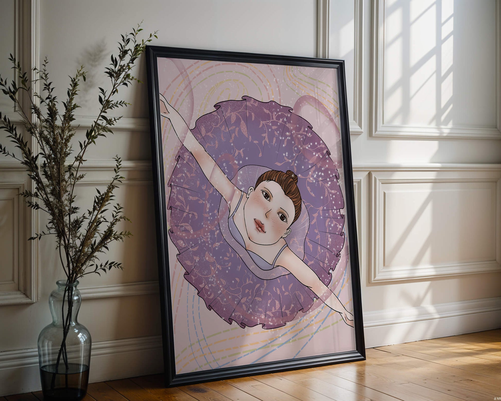 Graceful ballerina in a purple tutu with sparkling details