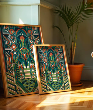 Design géométrique abstrait inspiré de l’Art déco avec des motifs symétriques et un motif animal