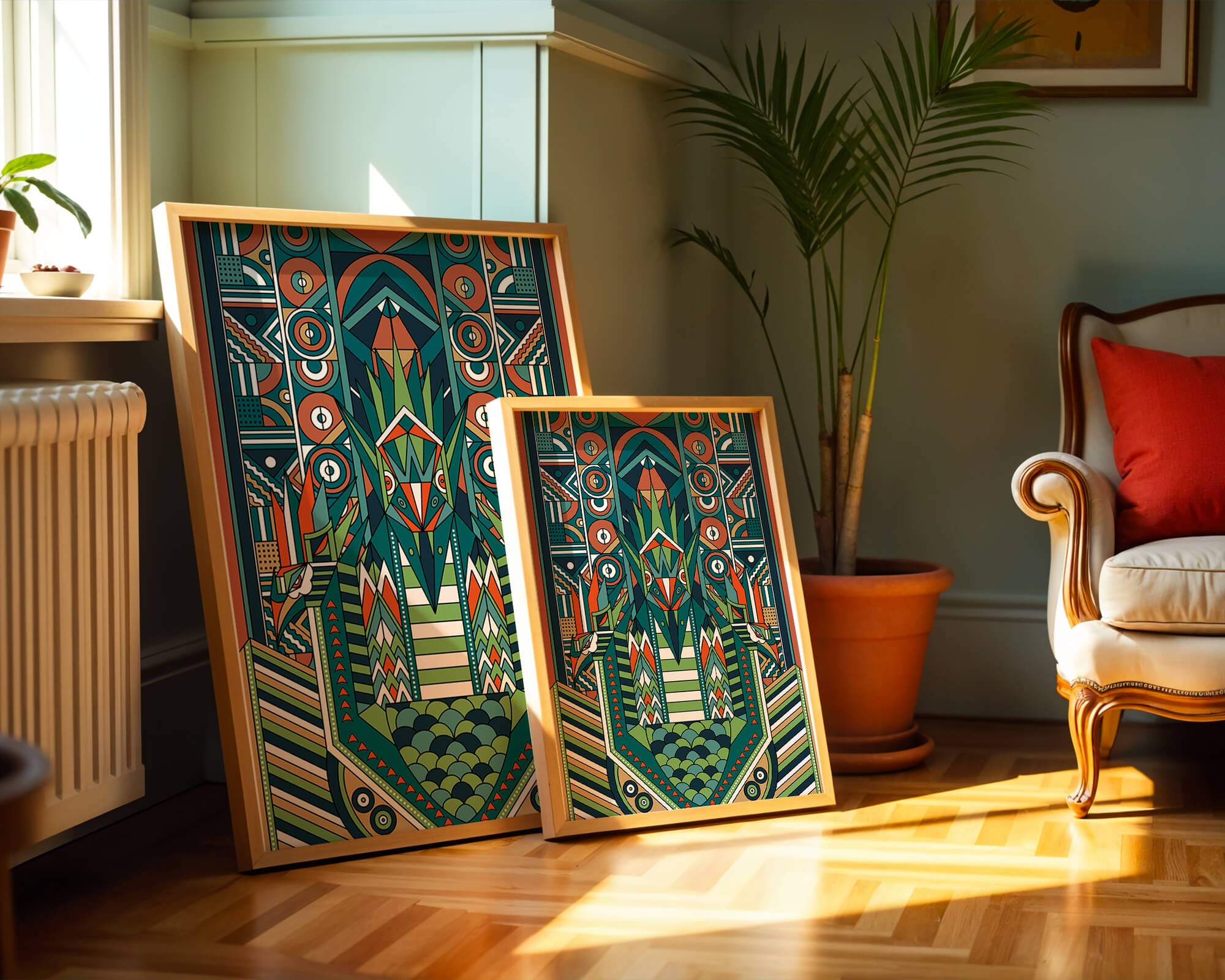 Art Deco Inspired Abstract Geometric Design with Symmetrical Patterns and Animal Motif