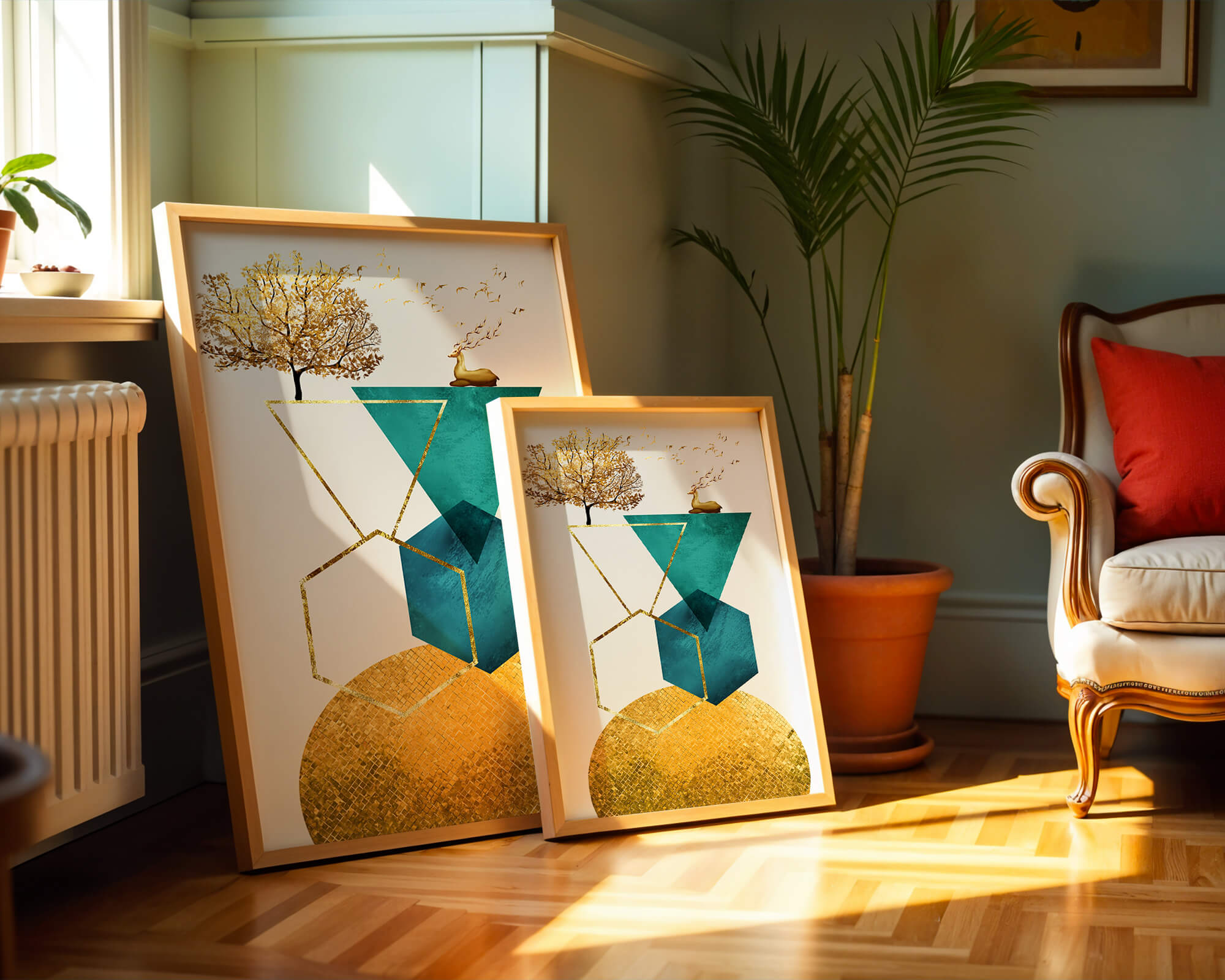 Abstract Geometric Composition with Golden Deer and Tree