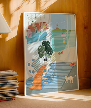 Habitación acogedora con vista al mar y faro a través de la ventana
