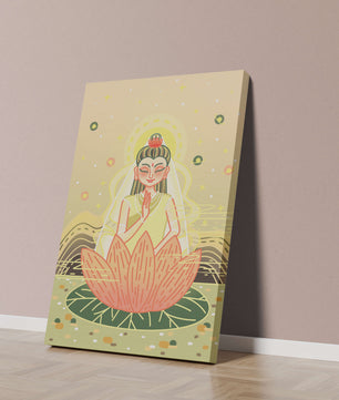 Heitere Illustration einer meditativen Figur auf einem Lotus mit himmlischem Hintergrund