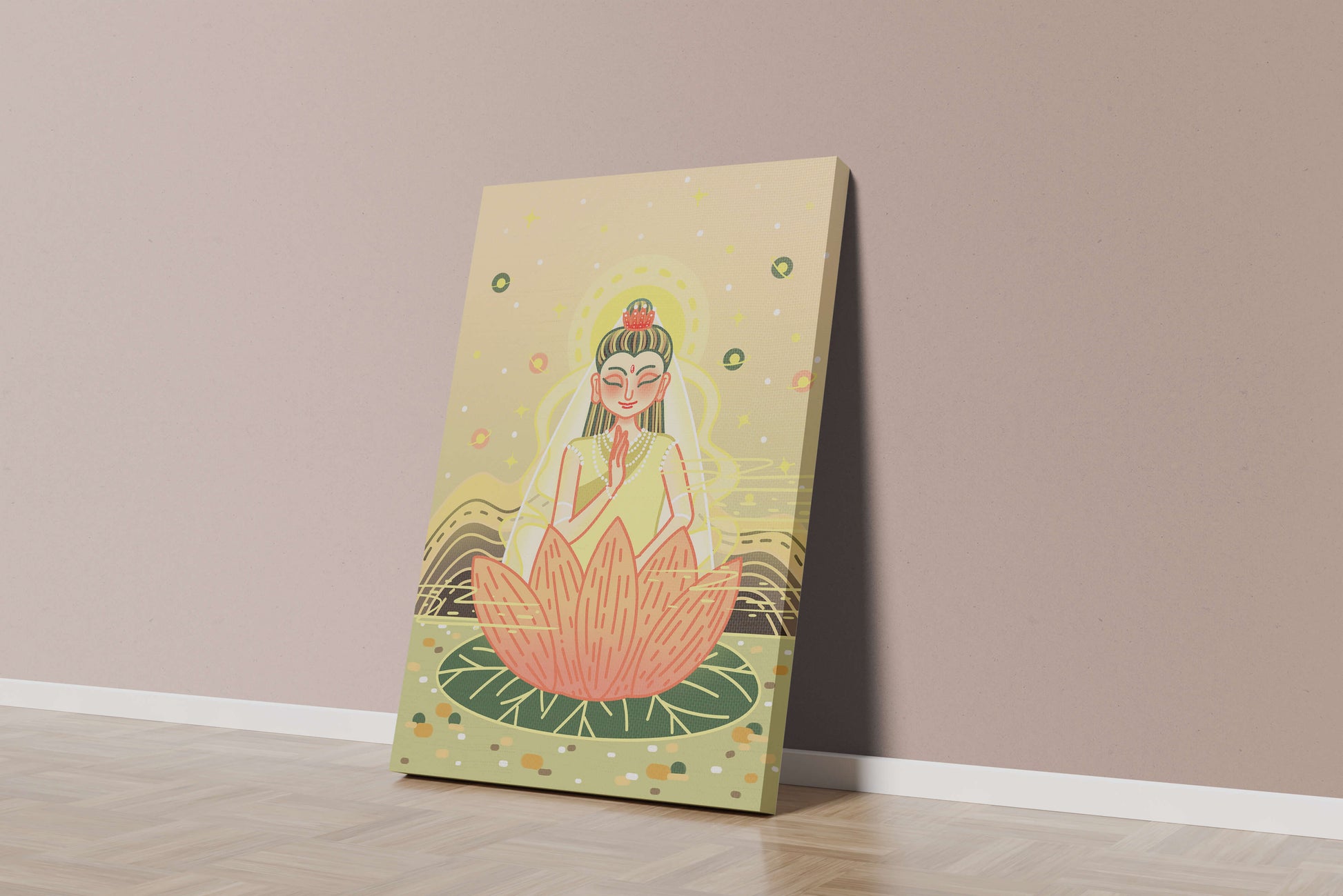 Serene illustration of meditative figure on a lotus with celestial background