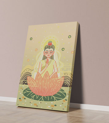 Serene illustration of meditative figure on a lotus with celestial background