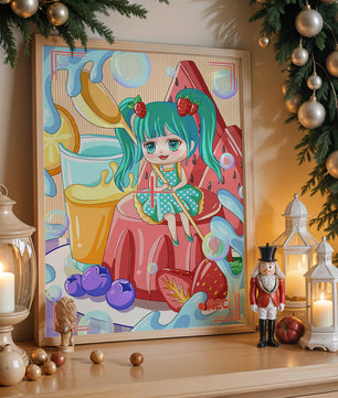 Scène de dessert fantaisiste avec un personnage mignon et des couleurs vives