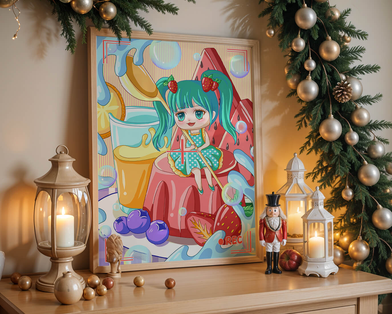 Whimsical dessert scene with cute character and vibrant colors
