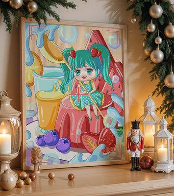 Whimsical dessert scene with cute character and vibrant colors
