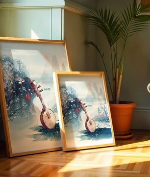 Paisaje tradicional chino con instrumento musical y flores